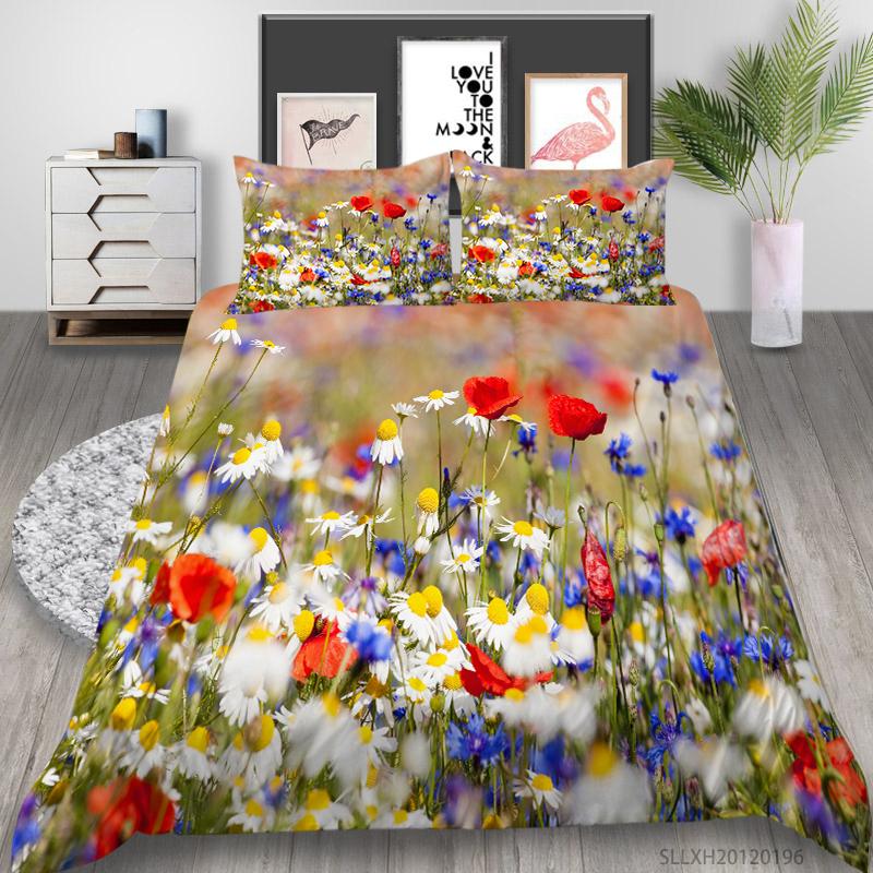 3D-Bettwäsche mit kleinem Gänseblümchenmuster, Einzelbett, Doppelbett, volle Größe, Pflanzen-Chrysanthemen-Muster, Kissenbezug und Bettbezug, 2 oder 3 bequeme Heimdekoration