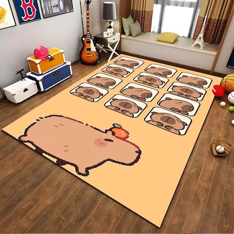 Cute Cartoon Animal Carpet with Sleeping Capybaras and Orange Accent Suitable for use as an anti-slip for living room bedroom sofas