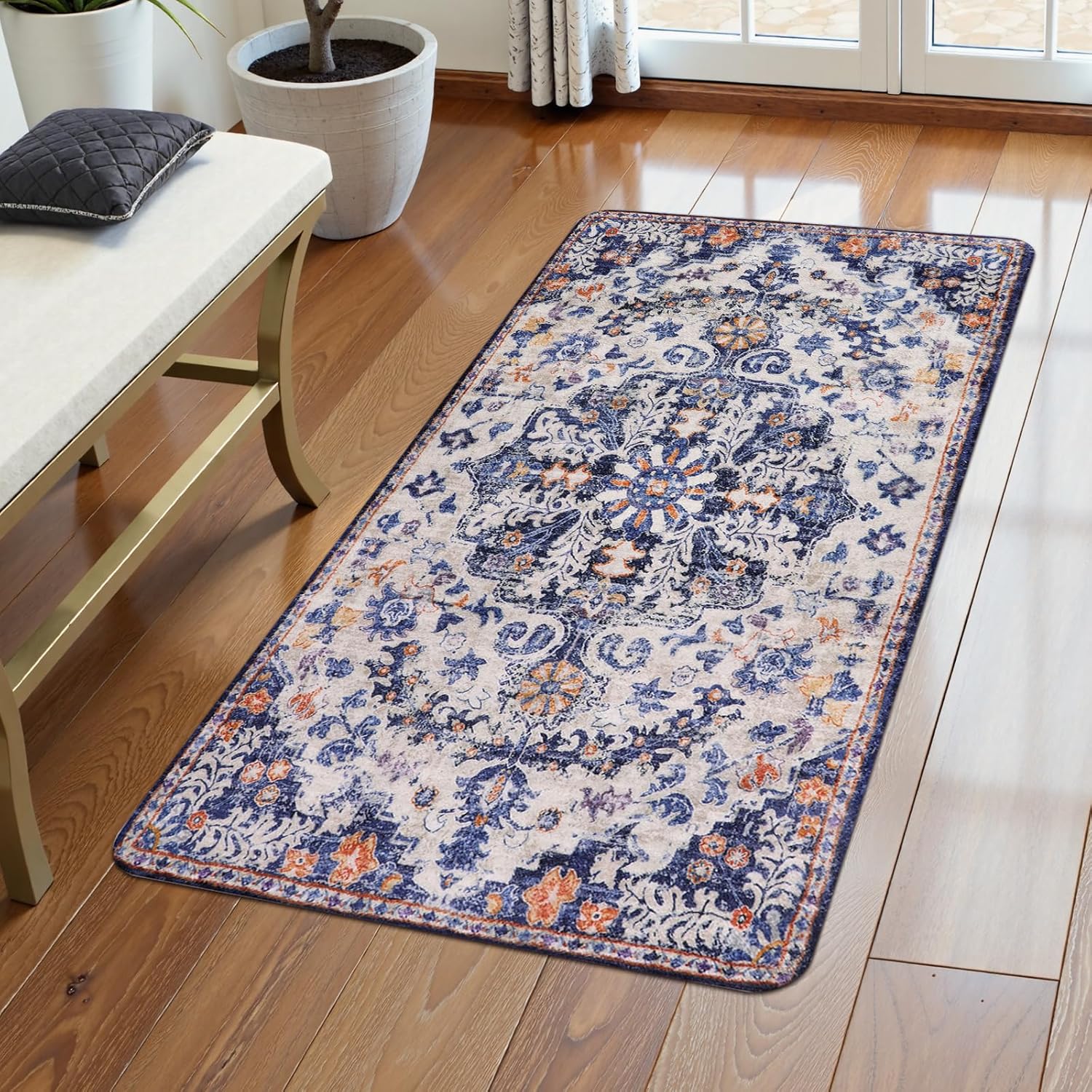 Bohemian Bloemen Medaillon Vloerkleed - Petrol Blauw Groot Wasbaar Kleed voor Woonkamer Zachte Kleden voor Slaapkamer, Turks Antislip Binnen 60x90CM