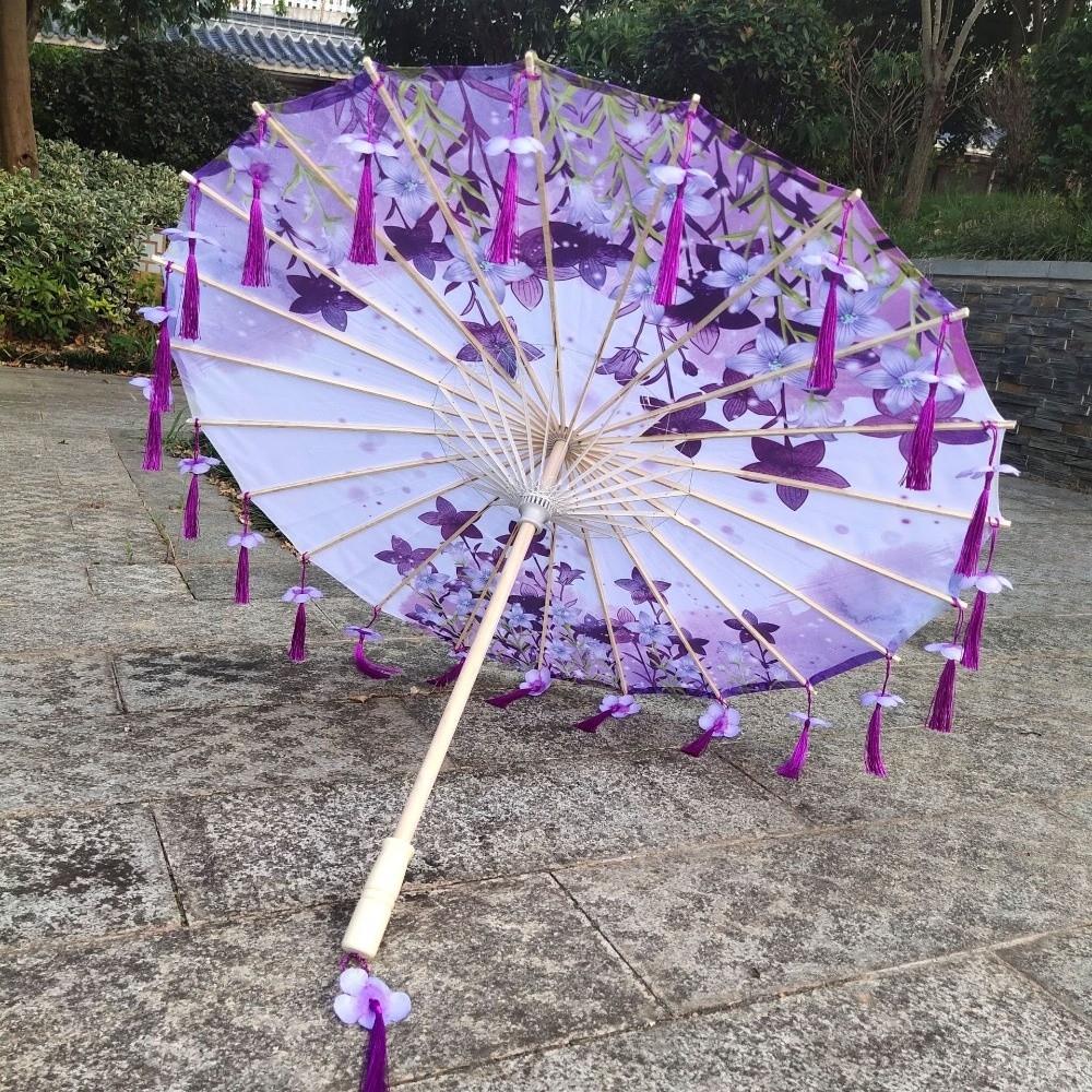 Chinese Japanese Art Silk Parasol Umbrella Large 82cm Embroidery Tassel Decorative Umbrella Classic Ribbon Umbrella