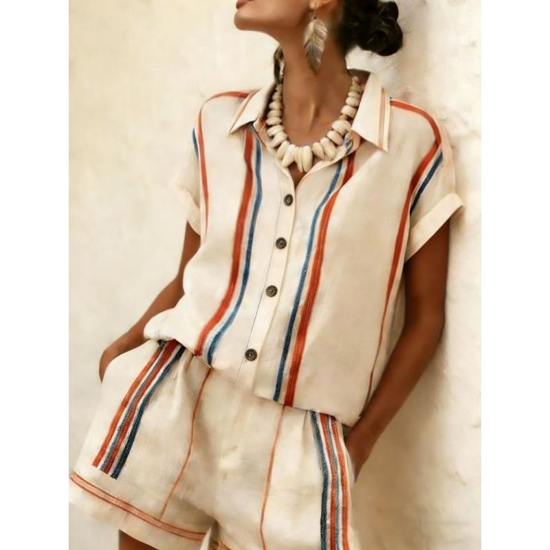 GMXIA Women's Short Sleeve Shirt Collar Fashion Casual Pants Suits