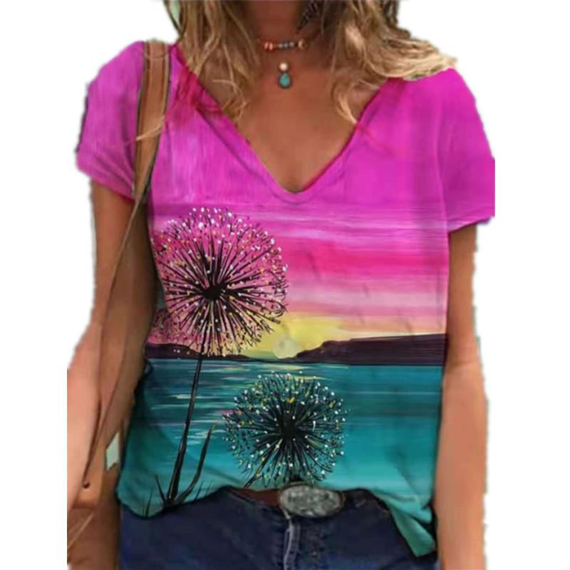 Summer Women's New Amazon Painted V-neck Printed Short Sleeved T-shirt