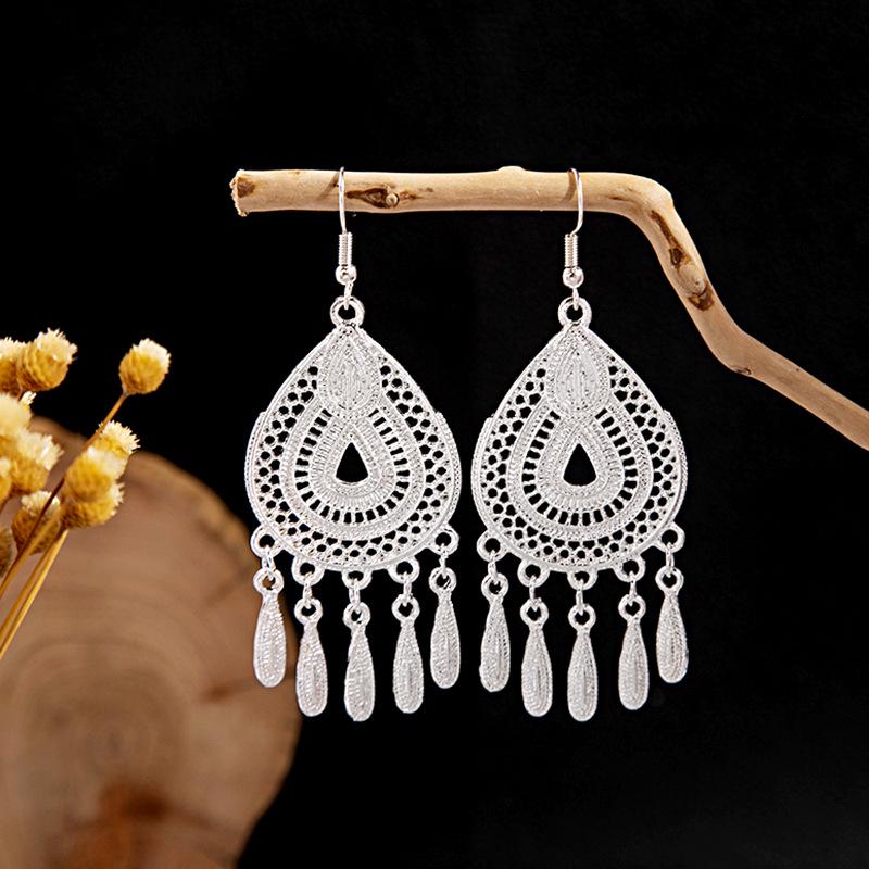 Imitation Miao Silver Ethnic Long Leaf Tassel Dangle Earrings