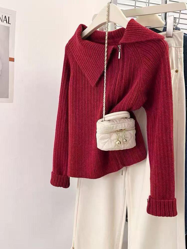 apricot lapel double zipper knitted cardigan women's spring and autumn design sense niche temperament high-end sweater jacket top