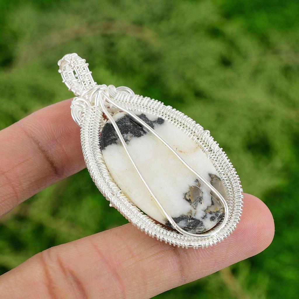 Zebra Jasper Stone 925 Sterling Silver Wire Wrap Art Deco Sister Pendant Jewelry