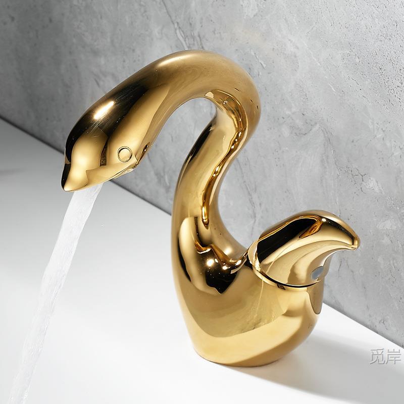 Gold Creative Swan Basin Faucet, Solid Brass Bathroom Vanity Sink Faucet, Hot and Cold Water Faucet, Gunmetal Gray
