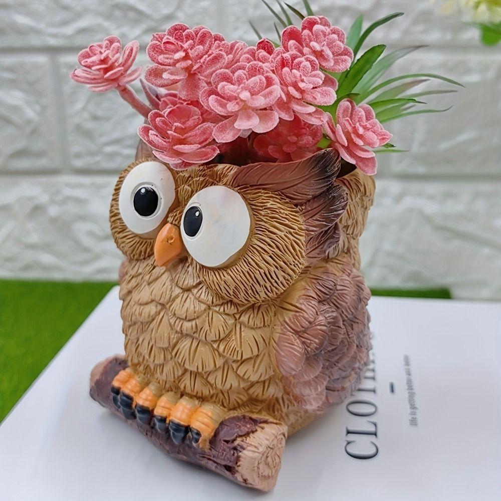 Cartoon Owl Planter Resin Hydroponic Flower Holder Creative Animal Vase Green Plants Potted