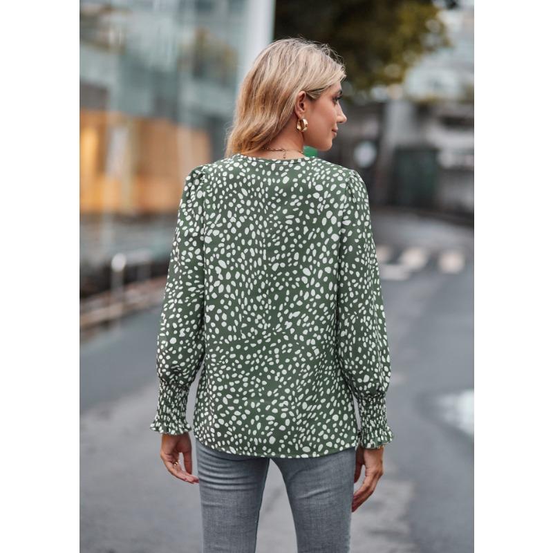 Herbst Damen Bluse, locker, bequem, gepunktet, lässig, bedruckt, V-Ausschnitt, Langarm-Shirt