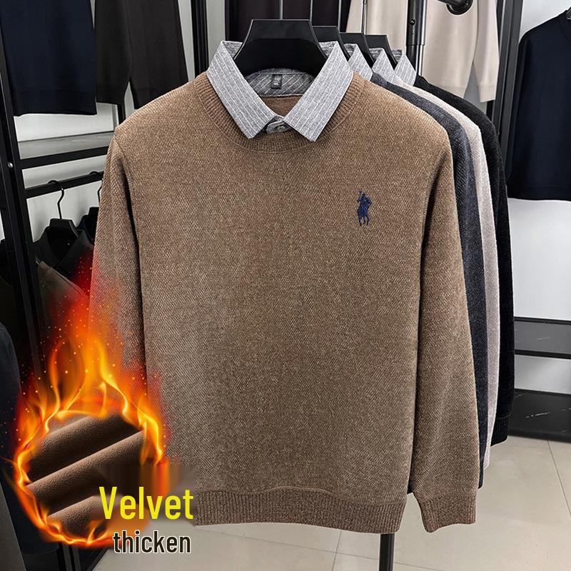 Men s Winter Knit Layered Sweater with Collar - Warm Long Sleeve Two-Piece Top Medium