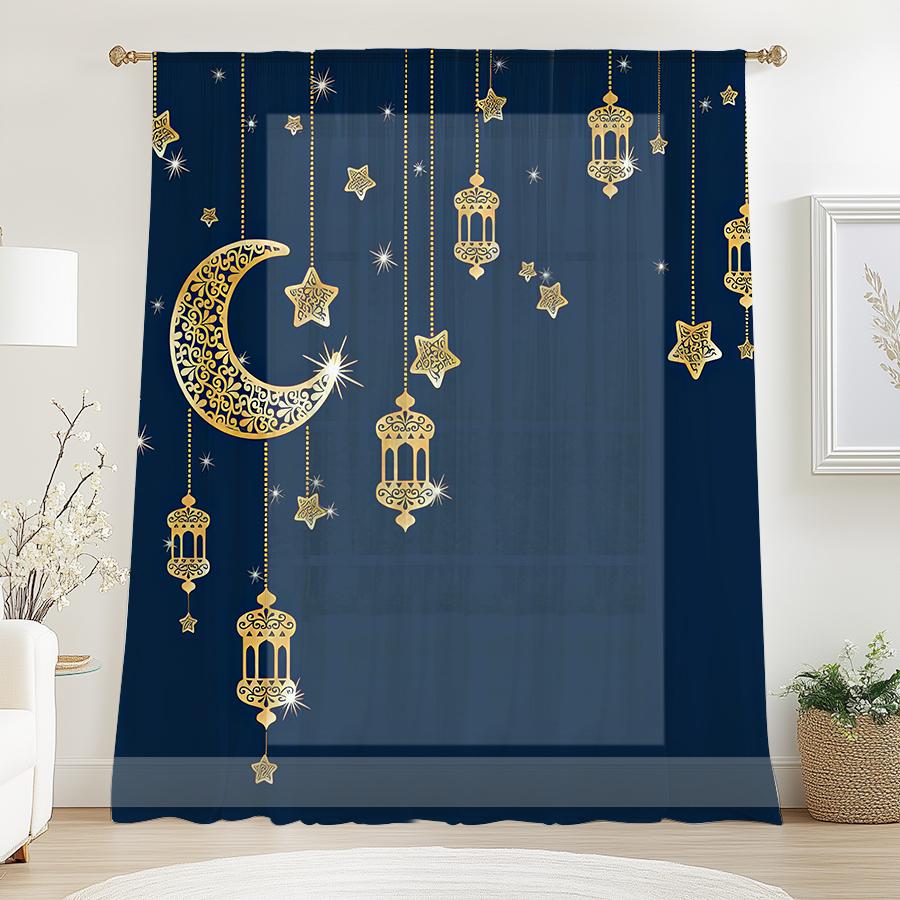 Single Panel Tibetan Blue Bottom Golden Star Moon Lantern Curtain Ramadan Festival Style Living Room Bedroom Transparent Polyester Ideal For Sitting
