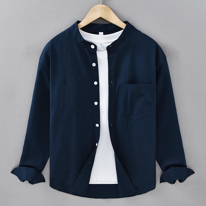 Cotton Linen Shirt Mandarin Collar Long Sleeve Casual Loose Fit Button-Up Shirt Men's Retro Camping Fishing