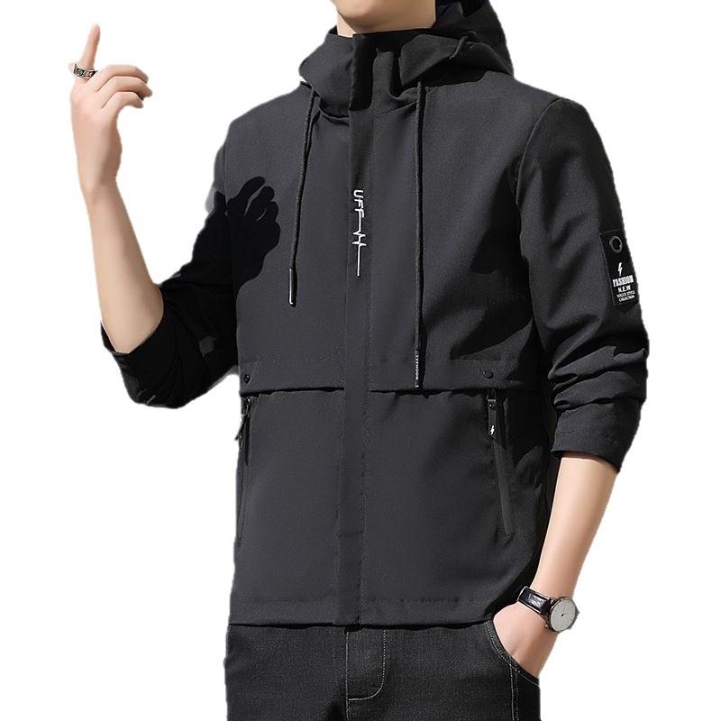 Men's Hooded Windbreaker Jacket Lightweight Zipper Pockets Casual Outdoor Coat