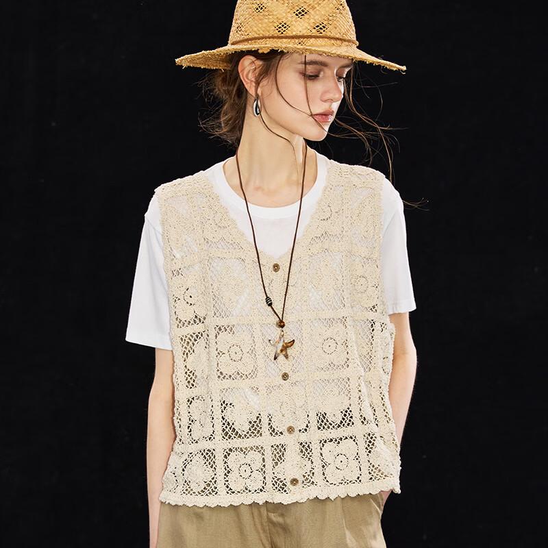 Cotton Blend Hollow Crochet V-Neck Vest Cover-Up