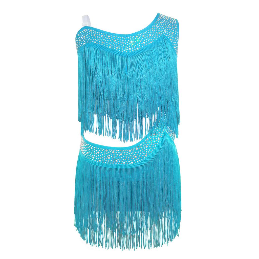 Vestido de Danza Latina para Niñas con Borlas, Flecos Asimétricos, Pedrería Brillante, Recorte, Disfraz para Actuación en Escenario