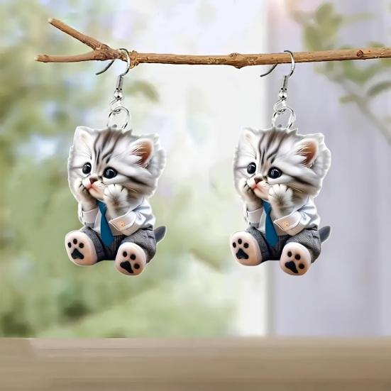1 Pair Women Hook Earrings 2D Realistic Cat Shape Animal Theme Individual Dangle Earrings Anniversary Christmas Gift Hanging Earrings Lady Ear Jewelry