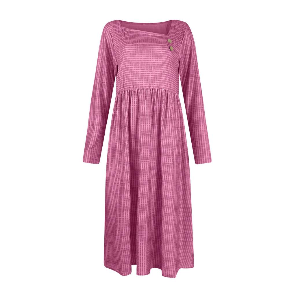 Damen Lässige Mode Langarm Streifen Print Vintage Lange Kleider mit Tasche Und Winter