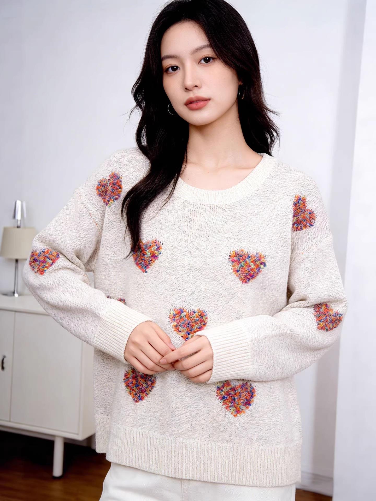 

2026 Autumn Loose Korean Style Heart Sweater - Women s Long Sleeve Knit Pullover L брудно-білий