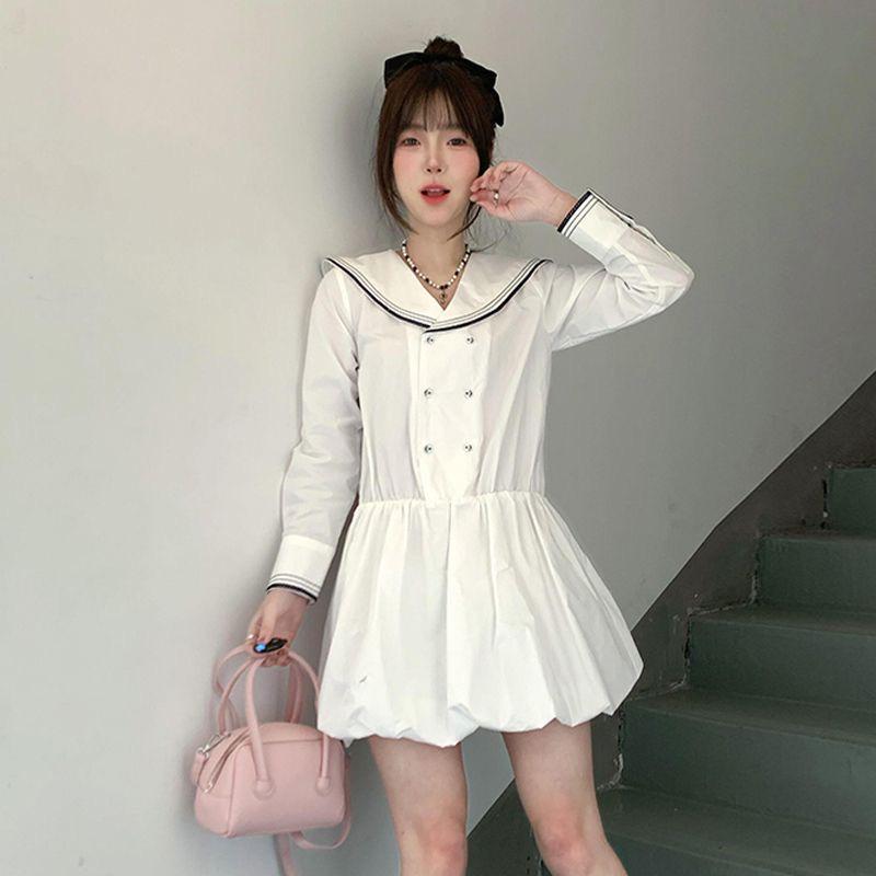 Women s White Retro French Navy Collar Long Sleeve Dress with Slimming Waist-Cinched Short Skirt for Autumn 2026. Large