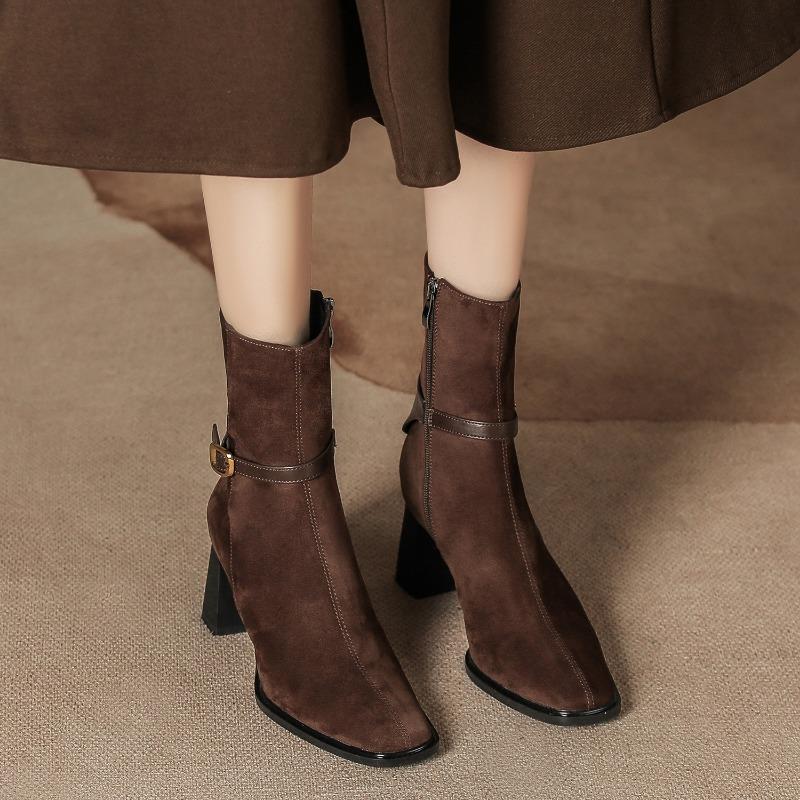 

Autumn and winter new suede short boots side zipper women s thick heel square head boots buckle retro thin women s boots Maillard brown 39