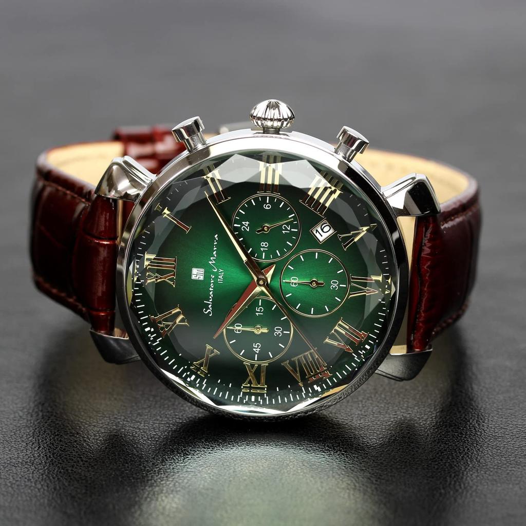 Salvatore Marra Chronograph Watch with Faceted Green and Men's Glass, Brown, SM19104-SSGRGDBR
