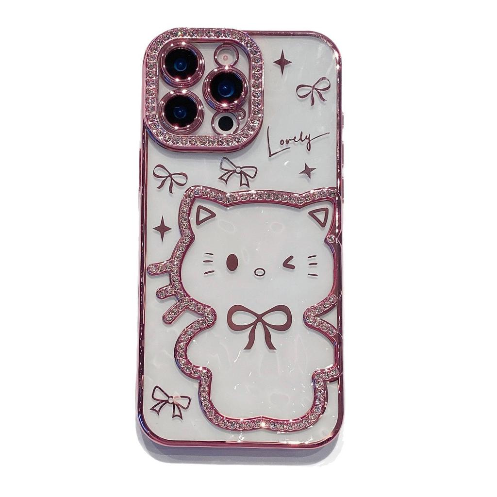 Electroplating Three-dimensional Point Drill Cute Cat iPhone16Promax Mobile Phone Case for Apple 15 Bow 14/13