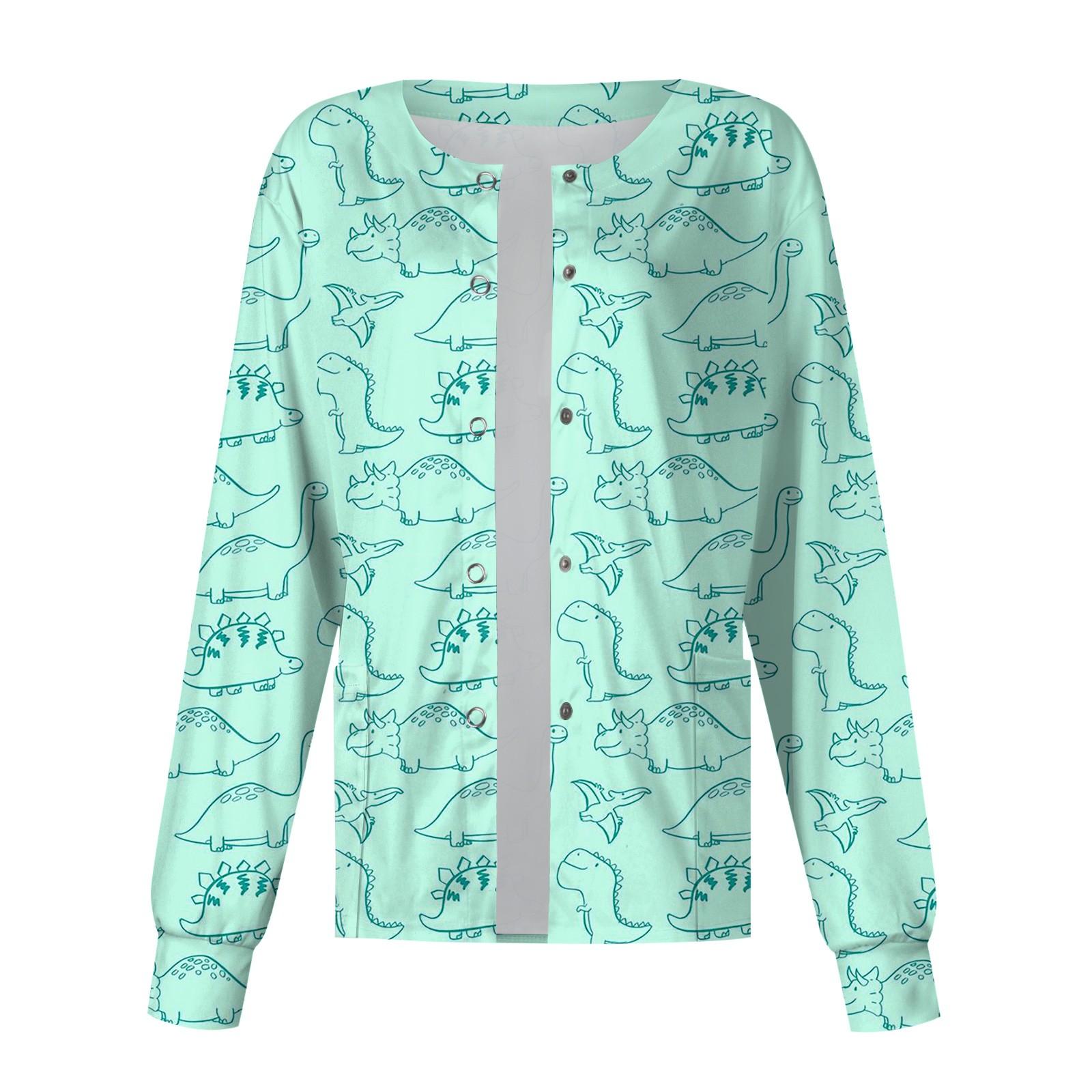 

Женский однобортный защитный комбинезон с длинным рукавом и рисунком динозавра, карманный рабочий воротник-стойка, кардиган, куртка, топ S циан