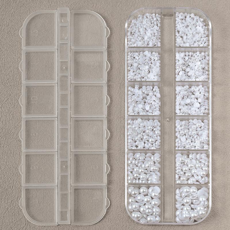 12 Fächer Halbrunde Perlen Perlen 3D Nagelanhänger 1,5/2/2,5/3/4/5 mm Weiße Flachrückige Perlen Nagel Schmuck Nagel Handwerk Perlen Strassstein
