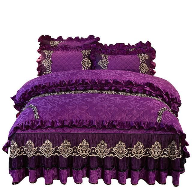 Europe Velvet King Size 4pcs Bedding Set Luxury Comforter Cover Quilted Lace Bedskirt Soft Warm Queen with Two Pillowcases