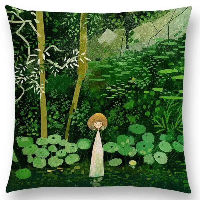 Neuankömmling Niedliche Cartoon-Tiere Kleine Katze Traum Elch Hübsches Mädchen Wald Leuchtender Stern Kissenbezug Sofa Wurfkissenbezug