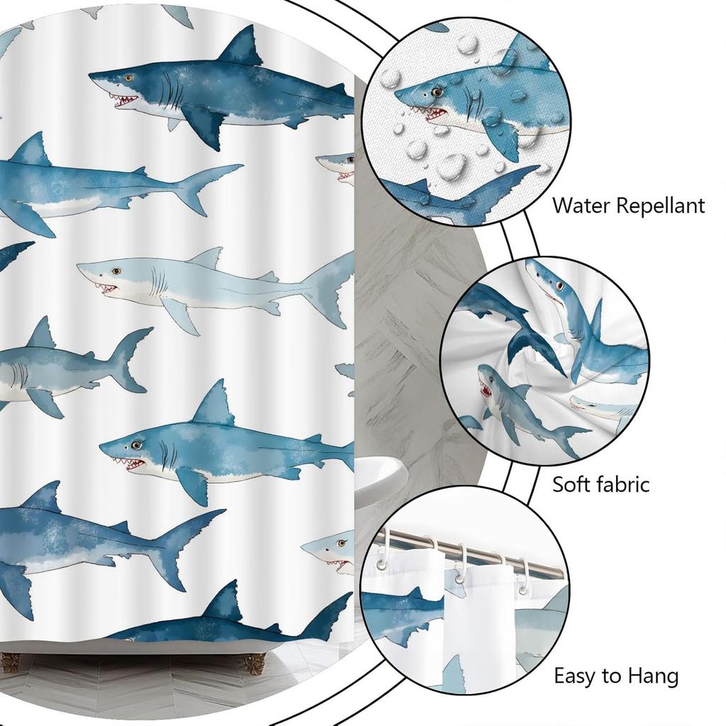 Nautical Shark Shower Curtain Cute Cartoon Ocean Dolphin Marine Life Underwater Creature Tropical Blue Sea Animal Watercolor