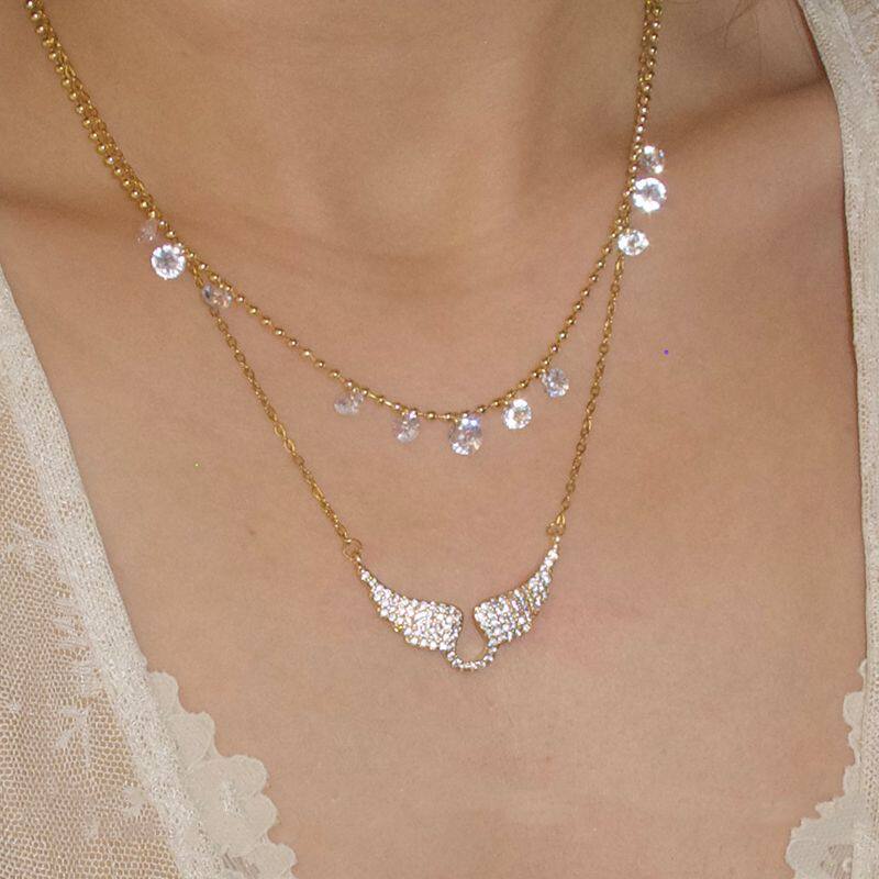 Exquisite Luxury Shining Full of Zircon Gold Color Angel Wings Pendant Necklace for Women Fashion Designer Jewelry Accessories