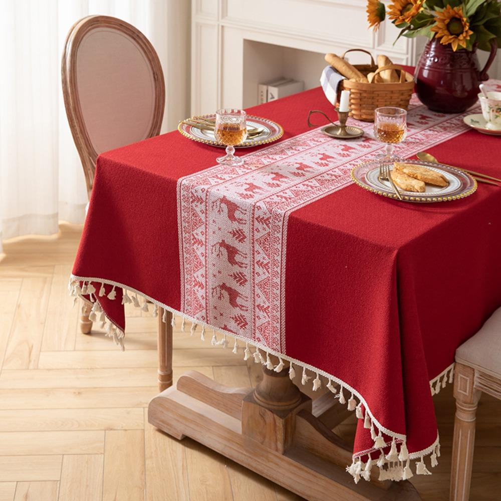 Retro Red Jacquard Tablecloth with Fringe Ideal for Wedding Christmas New Year Festive Dining Table Cover