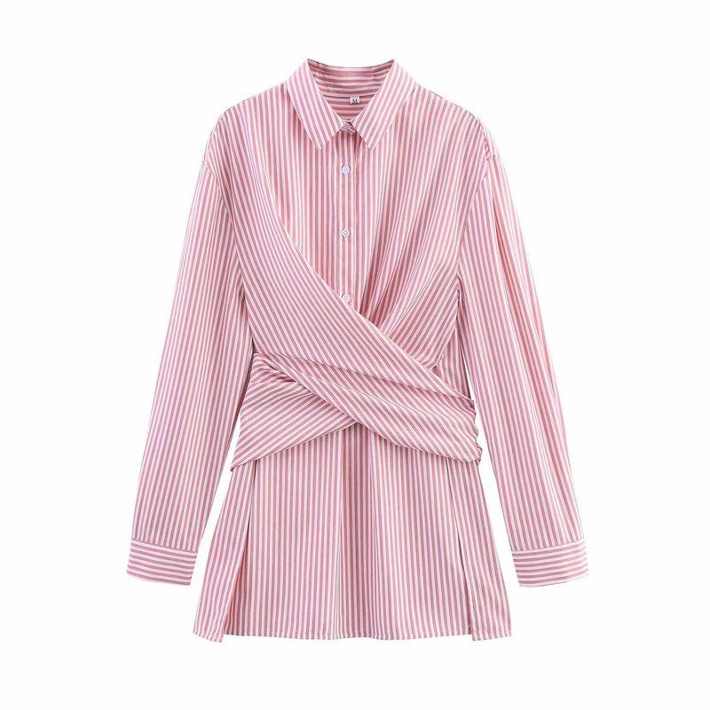 

Kaslead New Women clothes Western Style Fashion Simple Long sleeve Loose Lapel Single Breasted Stripe Shirts Cross (Pink) L