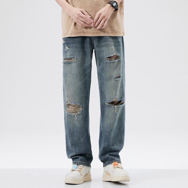 American heavy retro jeans men's trend loose beggar washed men's ripped straight casual wide-leg trousers