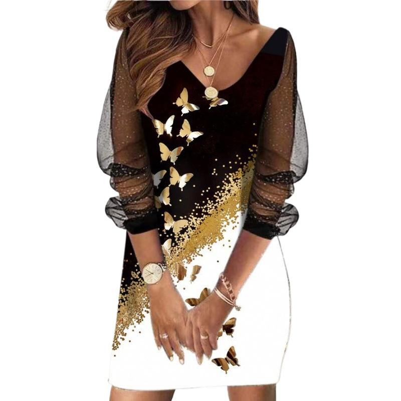 GMXIA Letnie, wiosenne sukienki damskie z długim rękawem i dekoltem w szpic