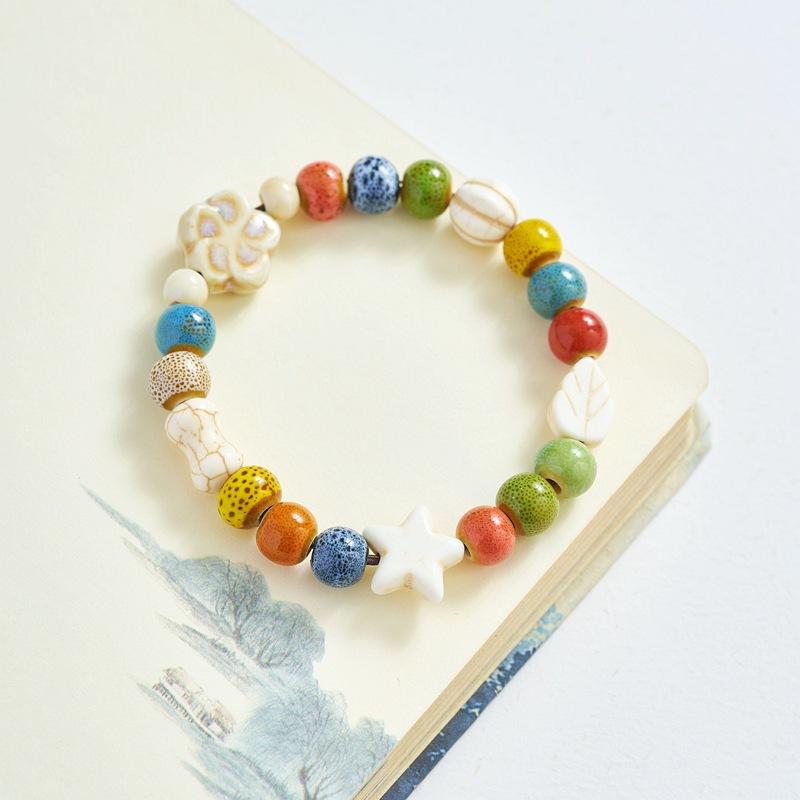 Retro Ethnic Stars Leaf Butterfly Flower Colorful Ceramic String Beads Bracelet Fashion Summer Beach for Women Cute Jewelry Gift