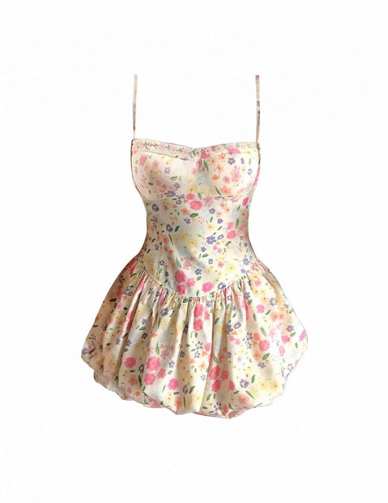 2026 French Floral Slip Dress: Spring/Summer Vacation Style, Waist-Cinched Short Skirt