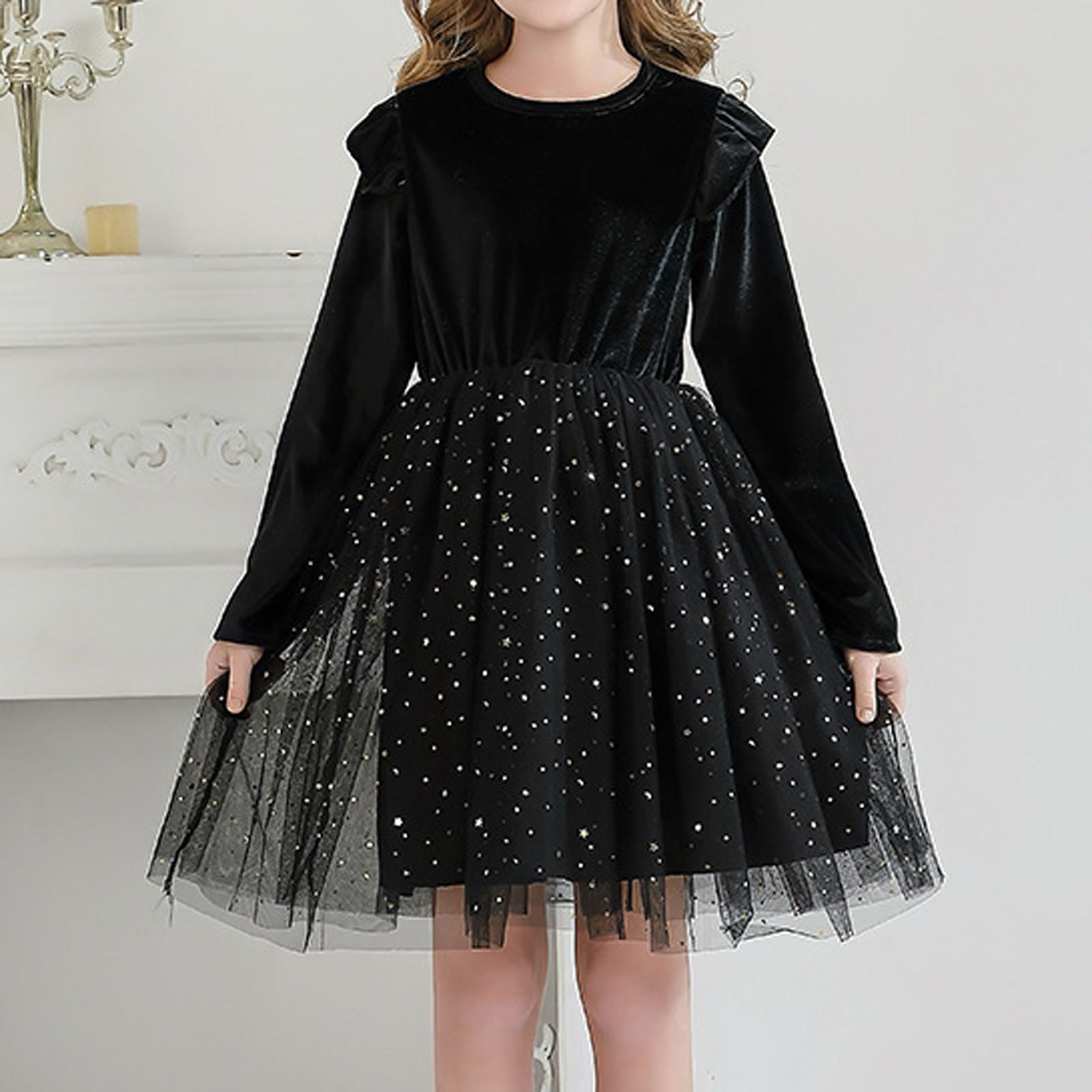 

Детское модное платье из небесно-голубой сетки с оборками и длинными рукавами 120 чёрный