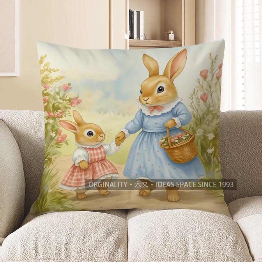Home Decor Cute Bunny Pair Garden Scene Pillow Cover Pattern Cushion Cover Suitable For Sofa Bedroom Car Pillow Cover