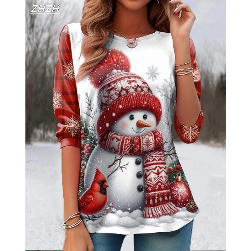 2025Christmas Women's T Shirt Graphic Snowman Vintage Fashion Stylish Long Sleeve Crew Neck Regular Tops Daily Print Fall Winter