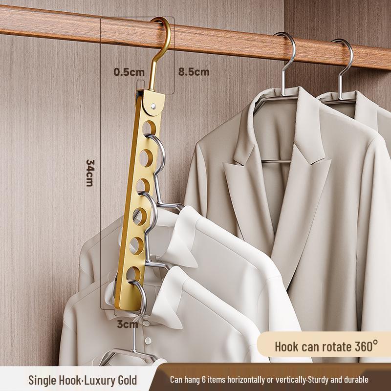 Aluminum Alloy Folding Eight-Hole Hanger with Single Hook for Versatile Wardrobe and Laundry Storage