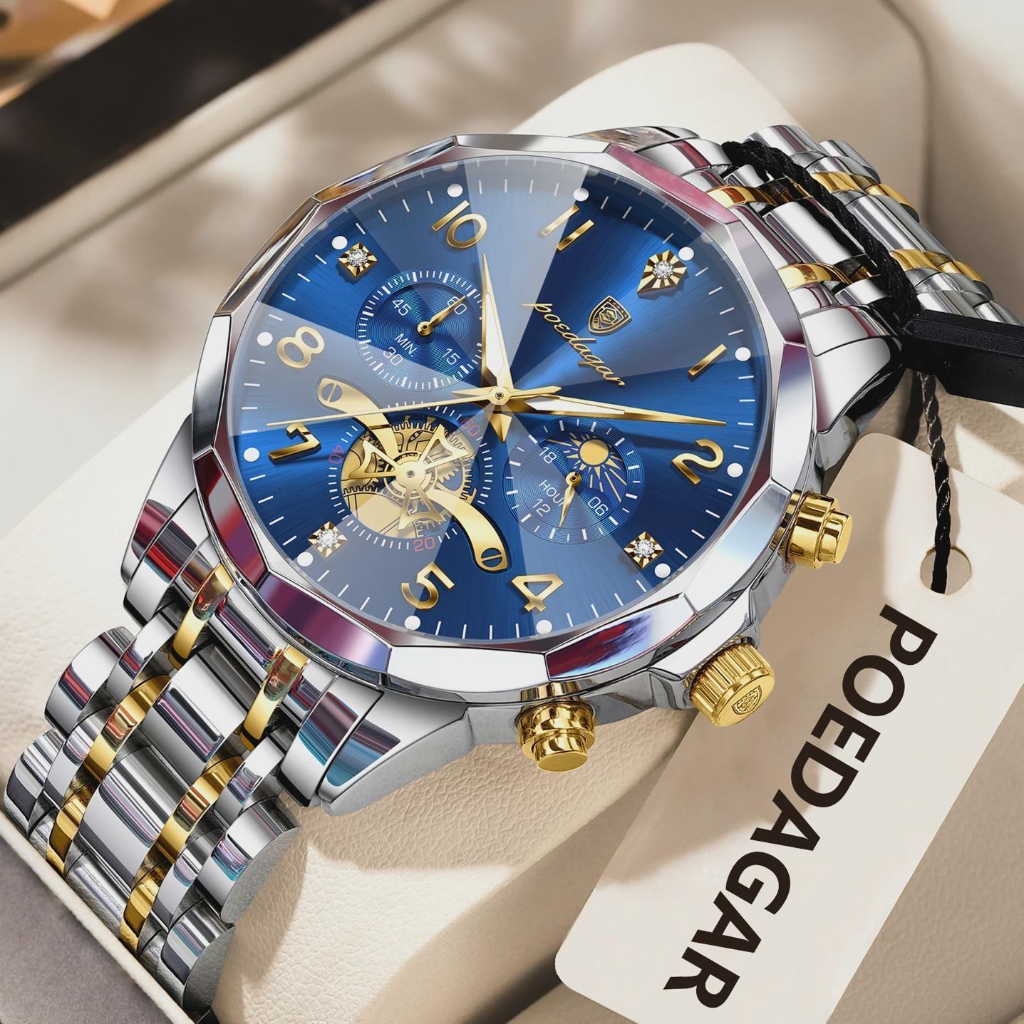POEDAGAR Man Wristwatch Chronograph Stainless Steel Fashion Men s Quartz Watches Waterproof Luminous Men Clock
