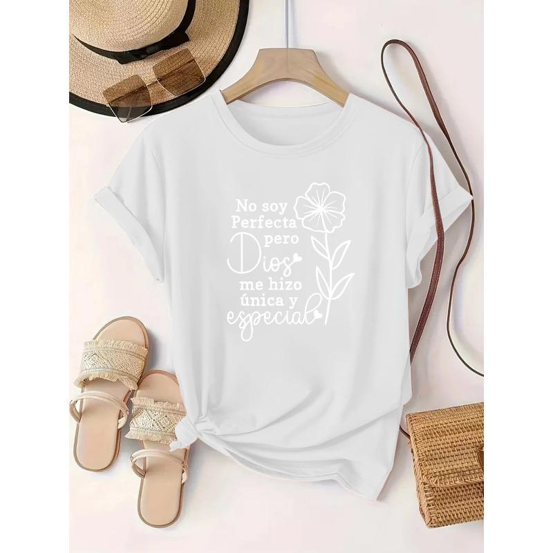 

A Women S T-Shirt Featuring a Floral Design And Printed Letters in Spanish with a Round Neckline S белый