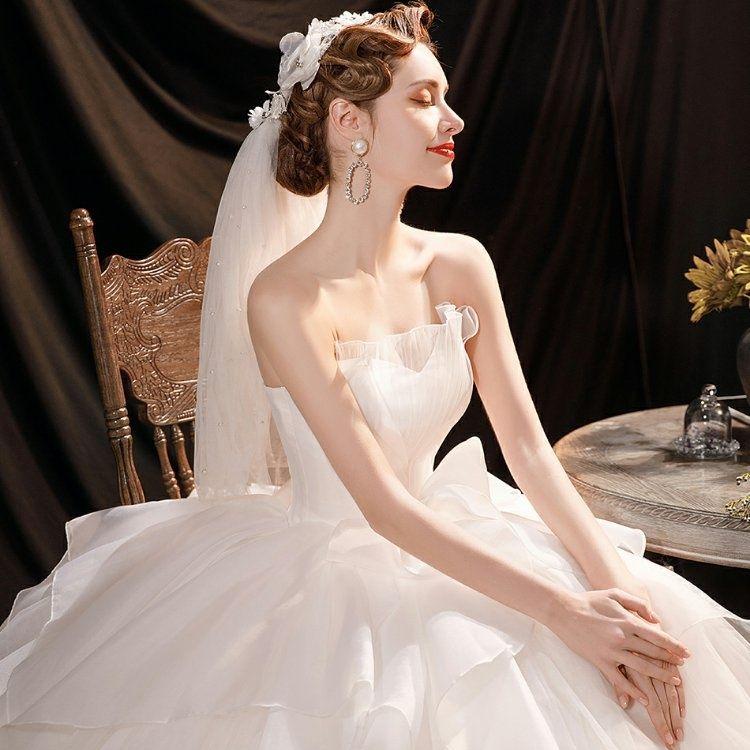 New Strapless French Wedding Dress | Romantic Floral Applique Bridal Gown | Elegant A-Line Floor Length Dress | Trendy Couture Bride Dress