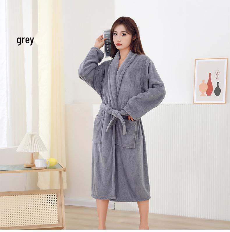 Women's Mid-Length Coral Fleece Yukata: Warm Autumn & Winter Bathrobe with Lapel