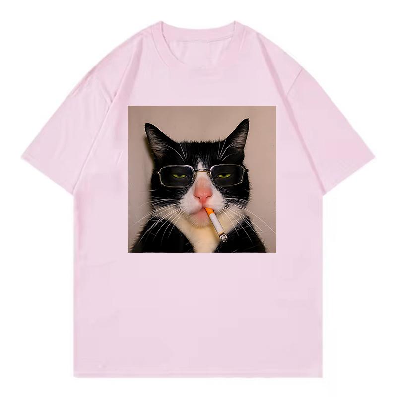 Magliette Divertenti Hip Hop Gatto Fumatore Oversize Cool Unisex Donna Gatto T-shirt Girocollo Manica Corta Maglietta Top Streetwear