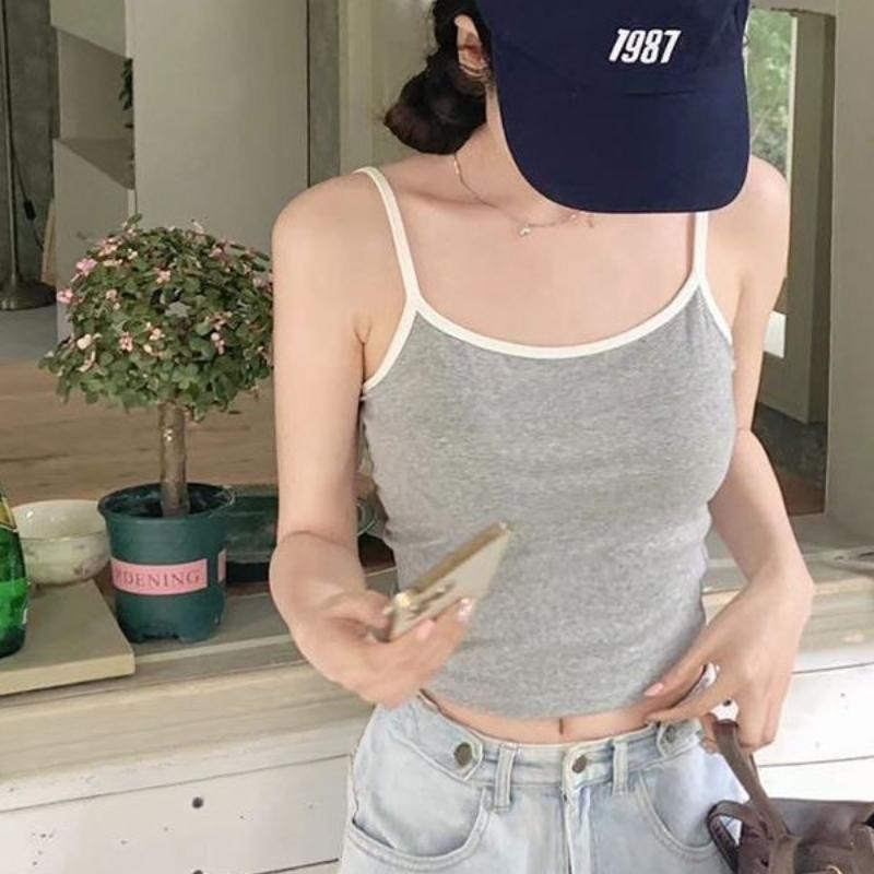 Sweet Girl Contrast Color Camisole Vest For Women Integrated With Chest Pad Slim Fit Classic Versatile Design Inner And Outer Wear Top