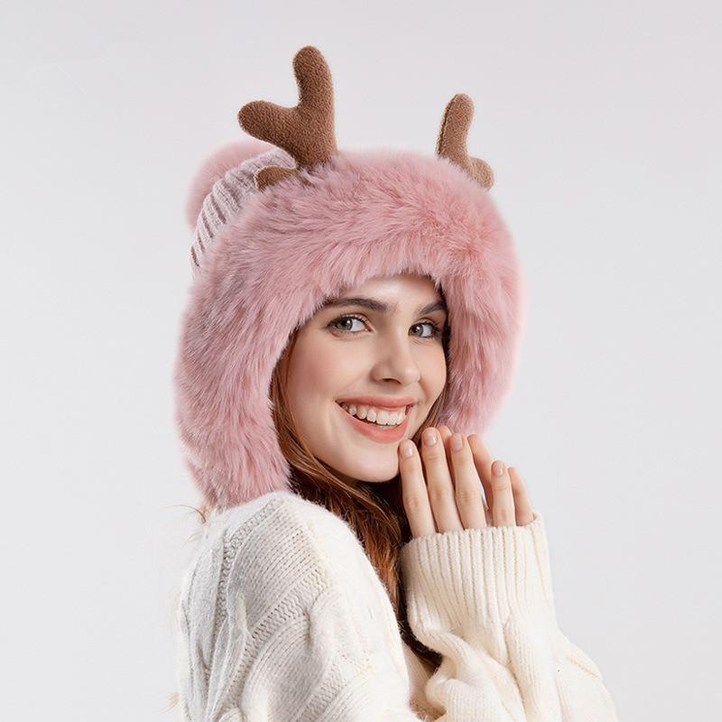 Winter Cute Warm Knitted Hats for Women Cartoon Cat's Ears Two Balls Earflap Cap Plush Fluffy Thicken Warm Fur Beanie Hat Female