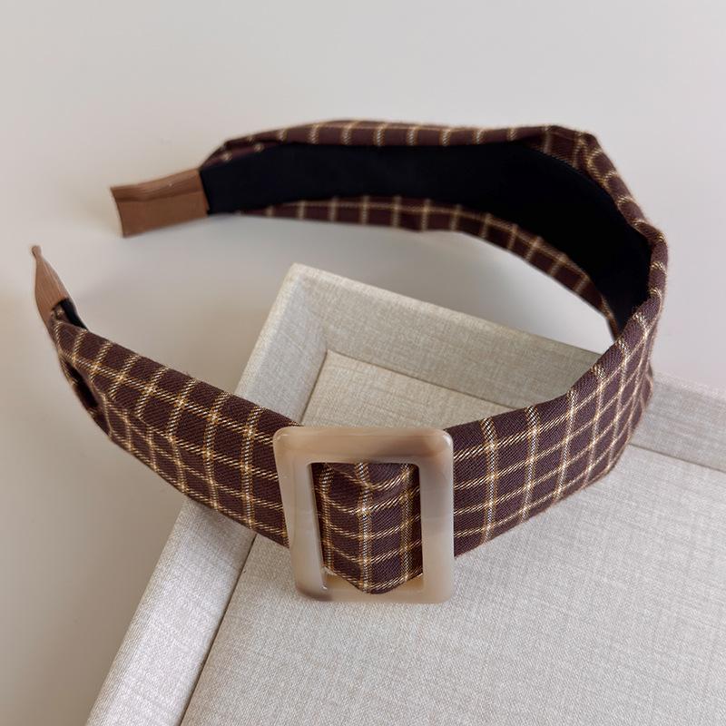 Retro Bruin Geruit Hoofdbanden Veelzijdige Brede Rand Vierkante Knop Haar Hoepel Dames Mode Temperament Haarband Herfst Winter Nieuw gray