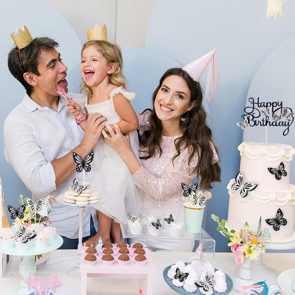 13pz Topper per Torta a Farfalla Glitterati 3D Farfalla Cupcake Topper per Feste di Compleanno di Bambine e Donne Decorazioni Nero Argento